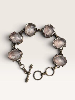 Pale Pink Faceted Glass Crystal Oval Collet Link Toggle Bracelet 7.25"